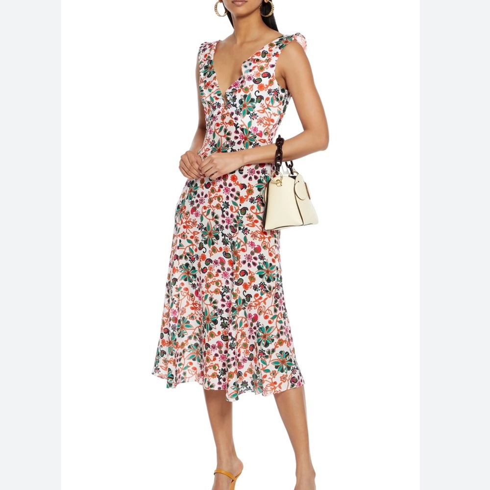 Saloni Holly Silk Crepe de Chine Midi Dress Size 4 Wedding Guest Ivory Succulent